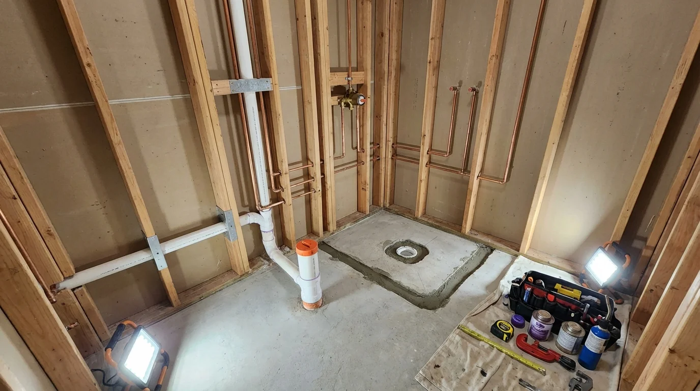 Bathroom rough-in plumbing during remodel by Johns Plumbing LLC in Sublette