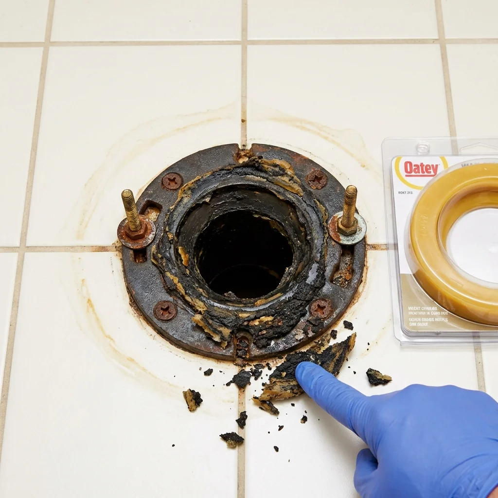 Failed wax ring showing water seepage at the base of a toilet in a Sublette, KS home
