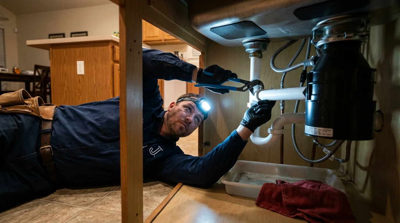 P-trap and supply line connections under a kitchen sink showing a common leak point in Sublette, KS